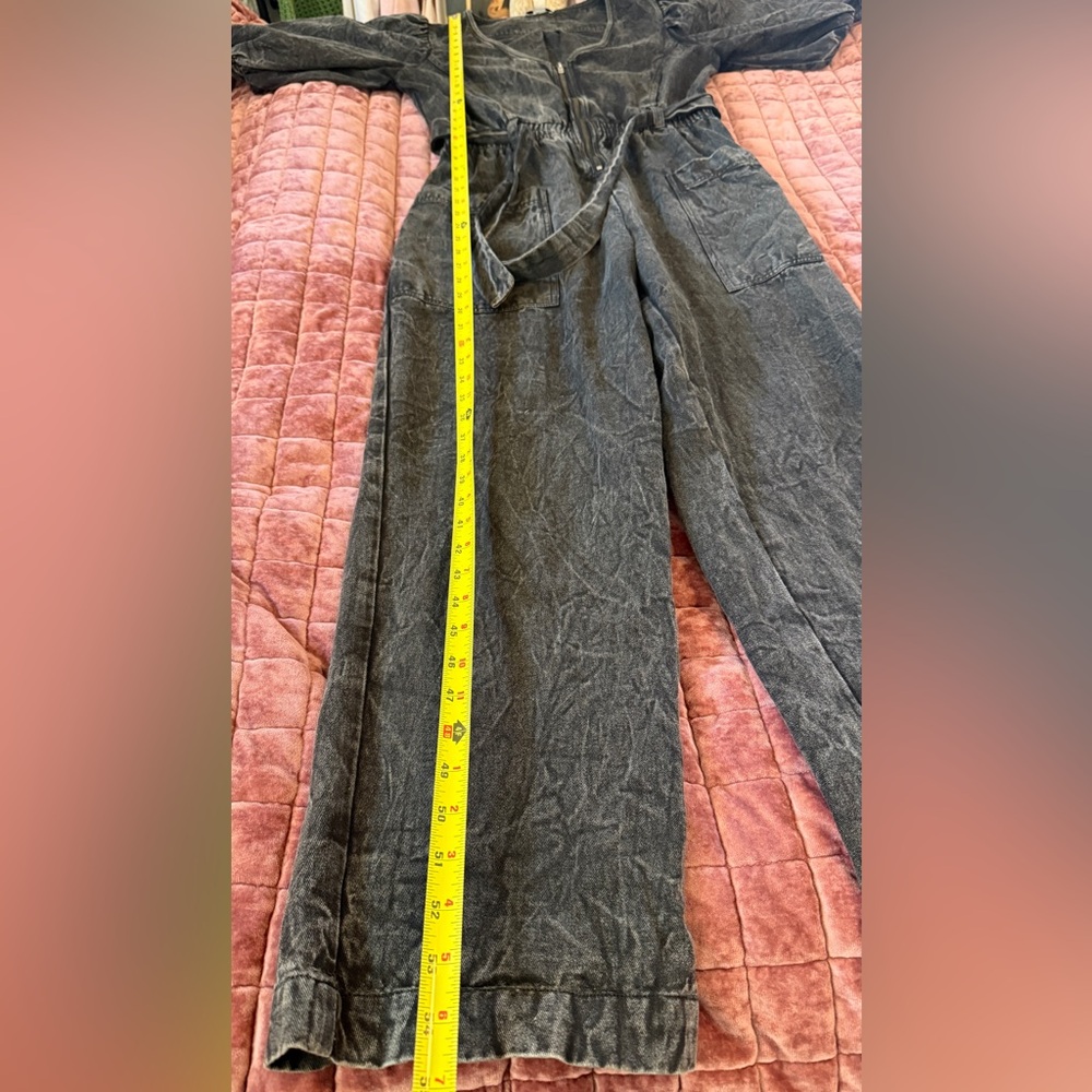 Anthropologie Othilia Acid Wash Puff Sleeve Utility Jumpsuit Charcoal Gray M - Picture 12 of 16